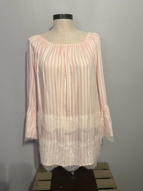 Ruby Rd. Pink & White Striped Peasant Tunic with Lace Trim